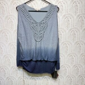 Knox Rose Cold Shoulder Top Women L Blue Ombre Crochet Lace Boho Hand Dyed NEW